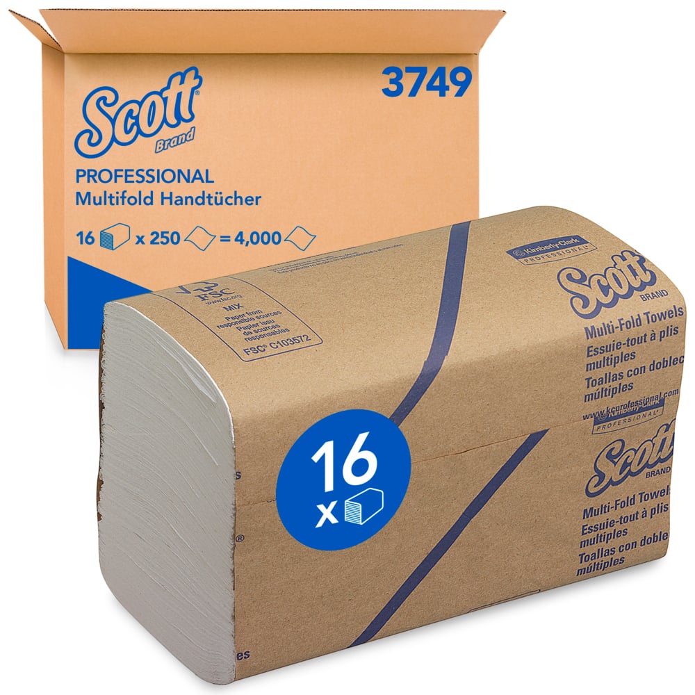 Scott® papieren handdoekjes 3749 - Meervoudig gevouwen handdoekjes - 16 pakketten x 250 witte papieren handdoeken (4000 stuks in totaal) - 3749