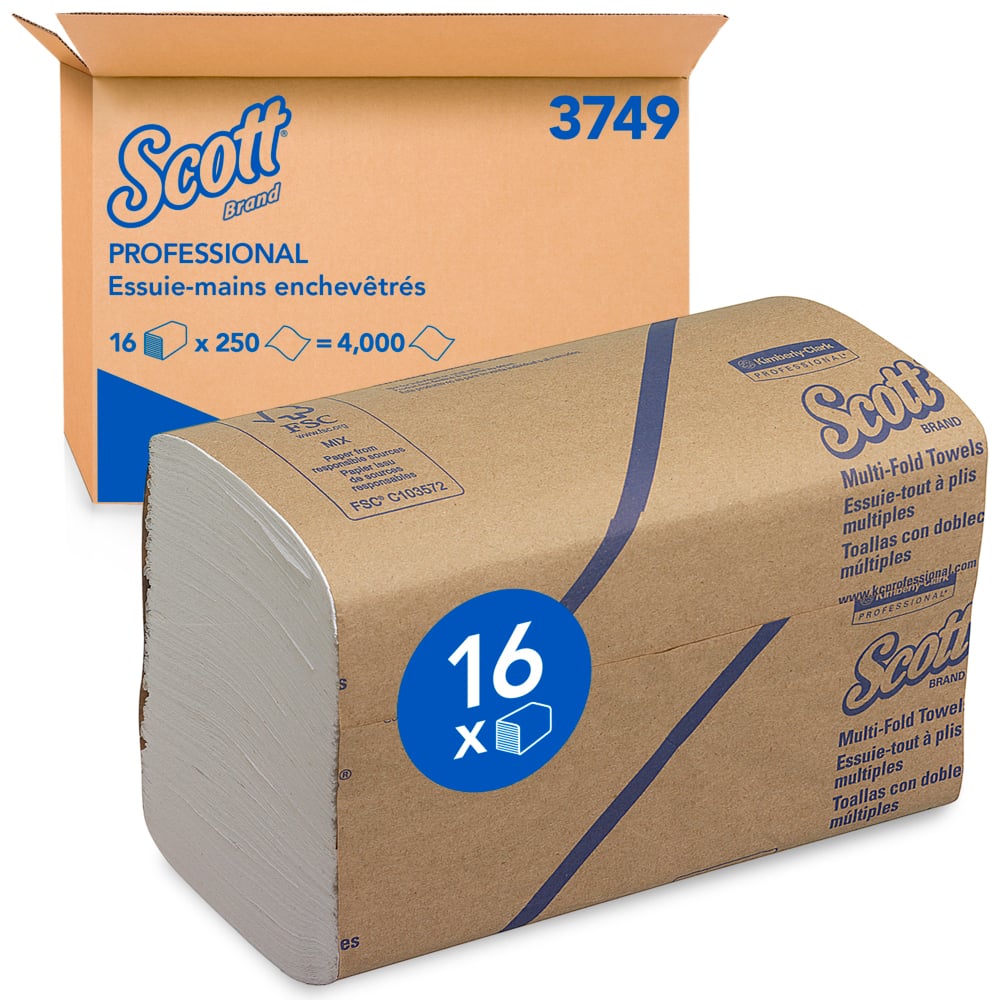 Scott® Multifold Бумажные полотенца, код 3749, 16 упаковок x 250 белых однослойных листов (итого 4 000 шт.) - 3749