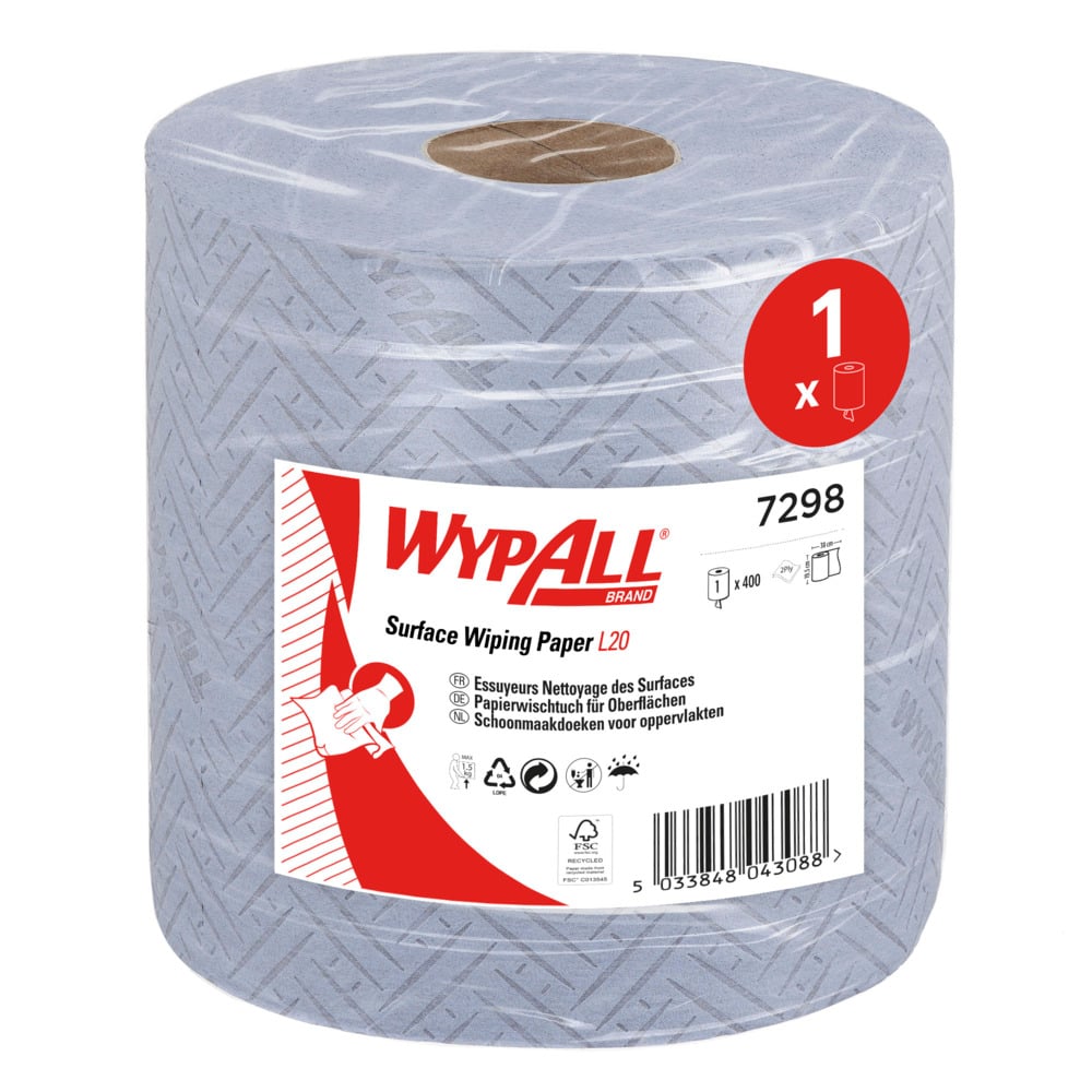 WypAll® L20 Cleaning and Maintenance Blue Wiping Paper 7298 - 2 Ply Centrefeed Roll - 1 Blue Roll x 400 Paper Wipers - 7298