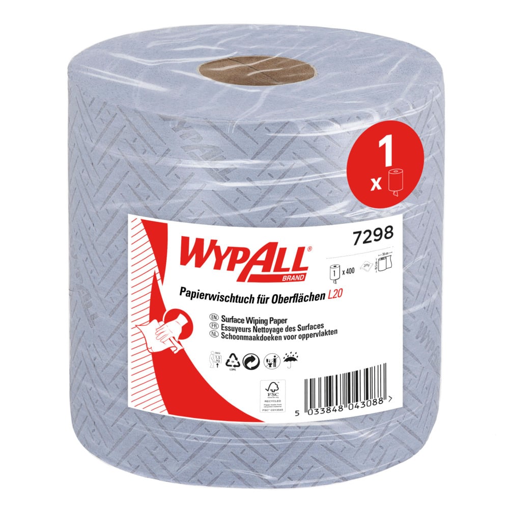 WypAll® L20 Cleaning and Maintenance Blue Wiping Paper 7298 - 2 Ply Centrefeed Roll - 1 Blue Roll x 400 Paper Wipers - 7298