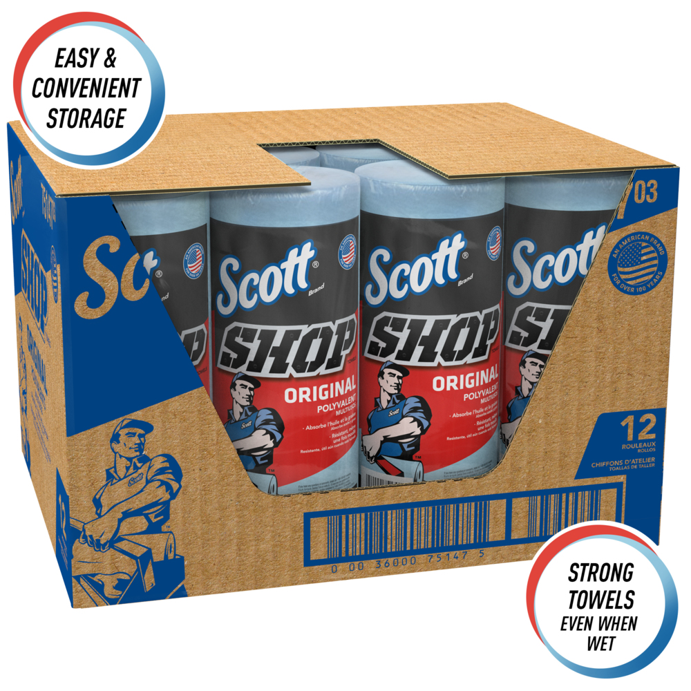 Scott® Shop Towels Original (75147), Blue, 55 Towels/Standard Roll, 12 Rolls/Case, 660 Towels/Case - 75147