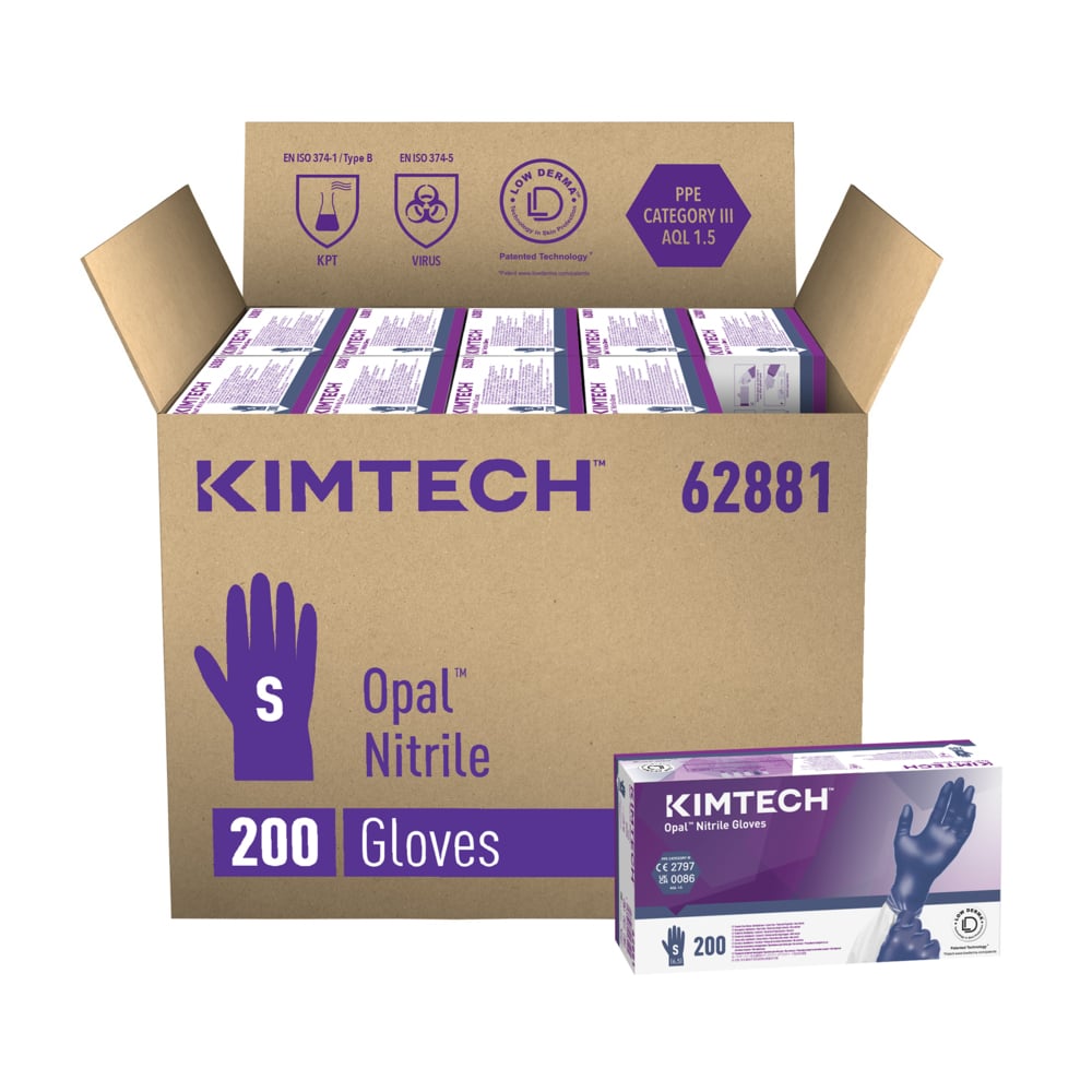 Gants ambidextres en nitrile Kimtech™ Opal™ 62881 - Bleu foncé, taille S, 10 x 200 (2 000 gants), longueur 24 cm - 62881