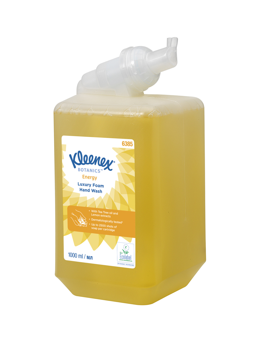 Savon mousse pour les mains Kleenex® Botanics™ Energy Luxury 6385 - Savon mousse parfumé pour les mains - 6 recharges x 1 litre de Savon mousse pour les mains, couleur jaune (6 litres au total) - 6385