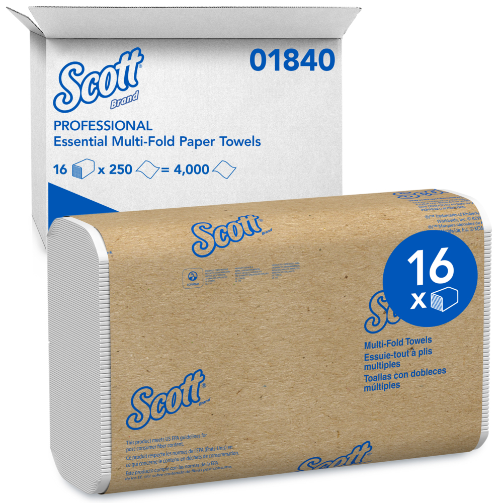Essuie-tout à plis multiples Scott Essential (01840),avec pochettes d’air à séchage rapide, blancs, 16 paquets/caisse, 250 feuilles/paquet, 4 000 essuie-tout/caisse - 01840