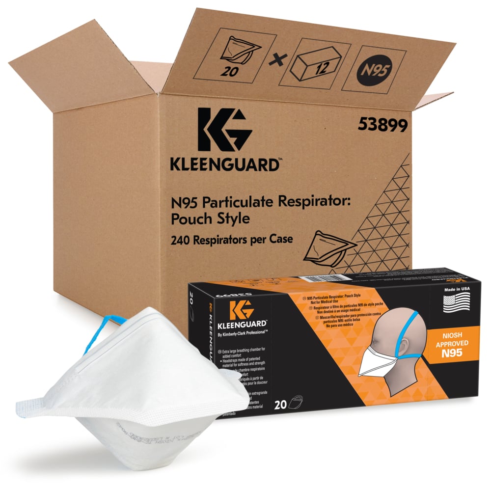 KleenGuard™ N95 Particulate Respirator: Pouch Style (53899), NIOSH-Approved, Made in USA, Regular Size, 20 Respirators/Carton, 12 Cartons/Case, 240 Respirators/Case - 53899