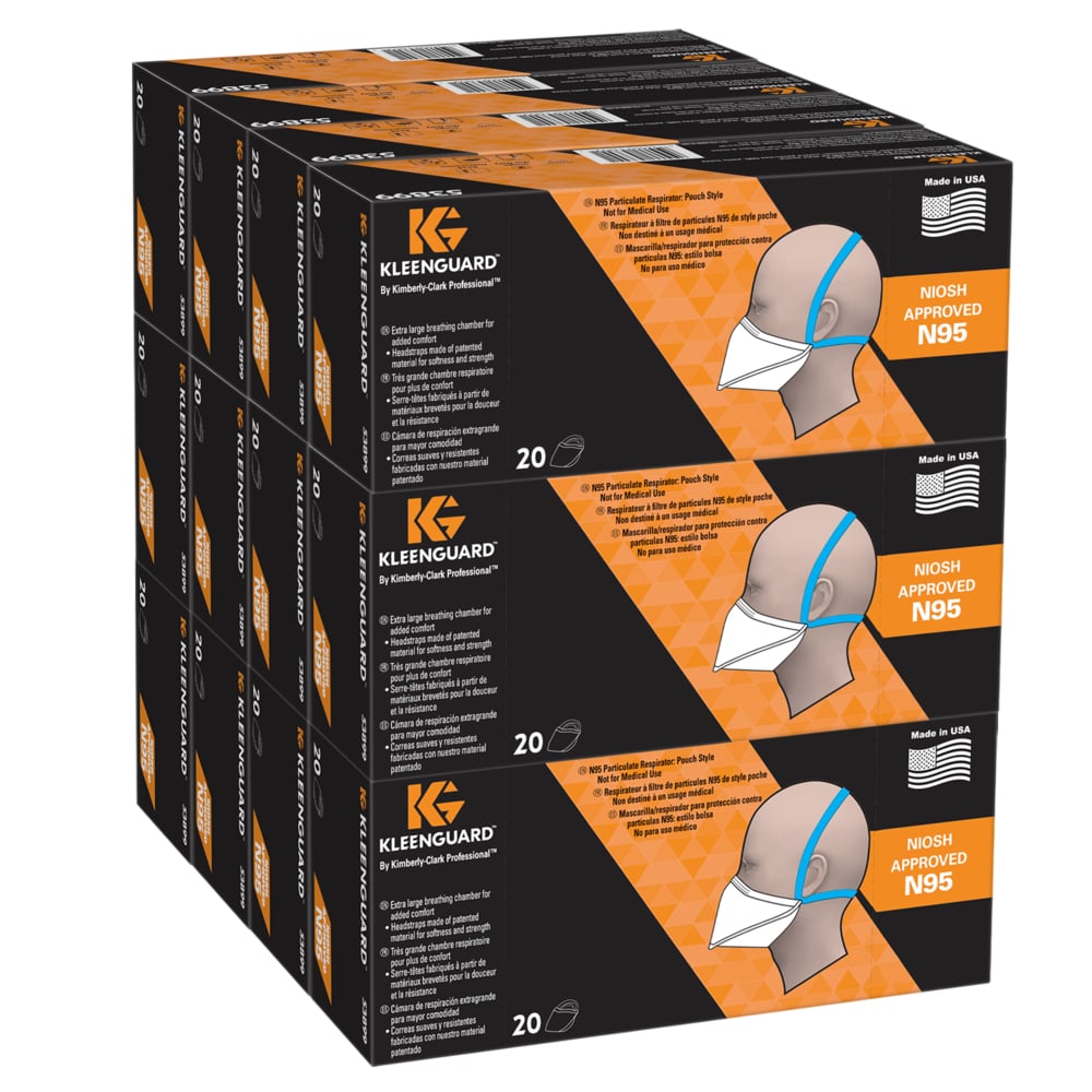 KleenGuard™ N95 Particulate Respirator: Pouch Style (53899), NIOSH-Approved, Made in USA, Regular Size, 20 Respirators/Carton, 12 Cartons/Case, 240 Respirators/Case - 53899