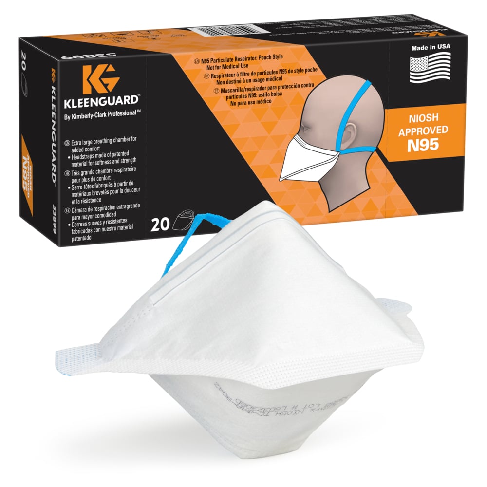 KleenGuard™ N95 Particulate Respirator: Pouch Style (53899), NIOSH-Approved, Made in USA, Regular Size, 20 Respirators/Carton, 12 Cartons/Case, 240 Respirators/Case - 53899