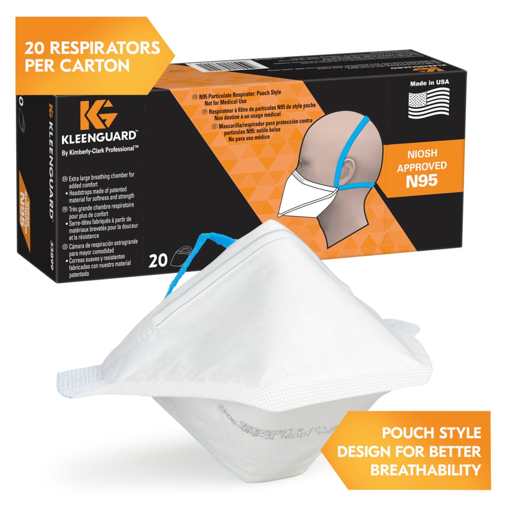 KleenGuard™ N95 Particulate Respirator: Pouch Style (53899), NIOSH-Approved, Made in USA, Regular Size, 20 Respirators/Carton, 12 Cartons/Case, 240 Respirators/Case - 53899