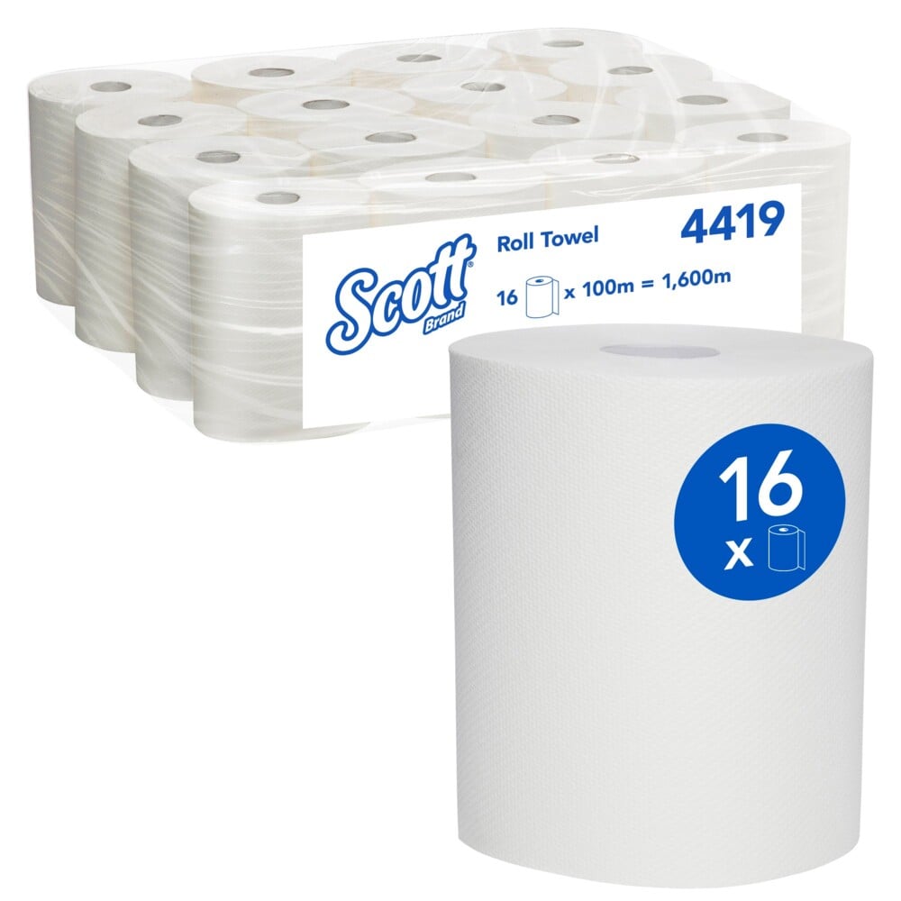 SCOTT® Roll Towel (4419), White Roll, 16 Rolls / Case, 100m / Roll (1,600m) - 4419
