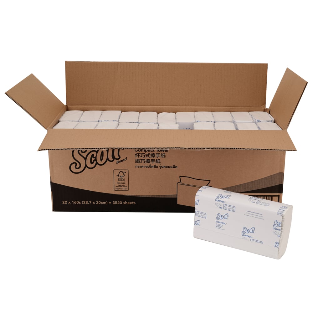 Scott® Control Compact Paper Towels - Multifold, Standard (27011), White 1-Ply, 22 Packs / Case, 160 Sheets / Pack (3,520 Sheets) - S050010609