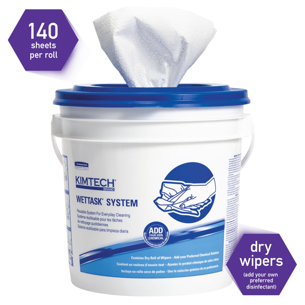 KIMTECH® WETTASK® Wipers (6411), Dry Cleaning Wipers, 6 Rolls / case, 140 White Wipers / Roll (840 Wipers Total) + 1 bucket - 991006411
