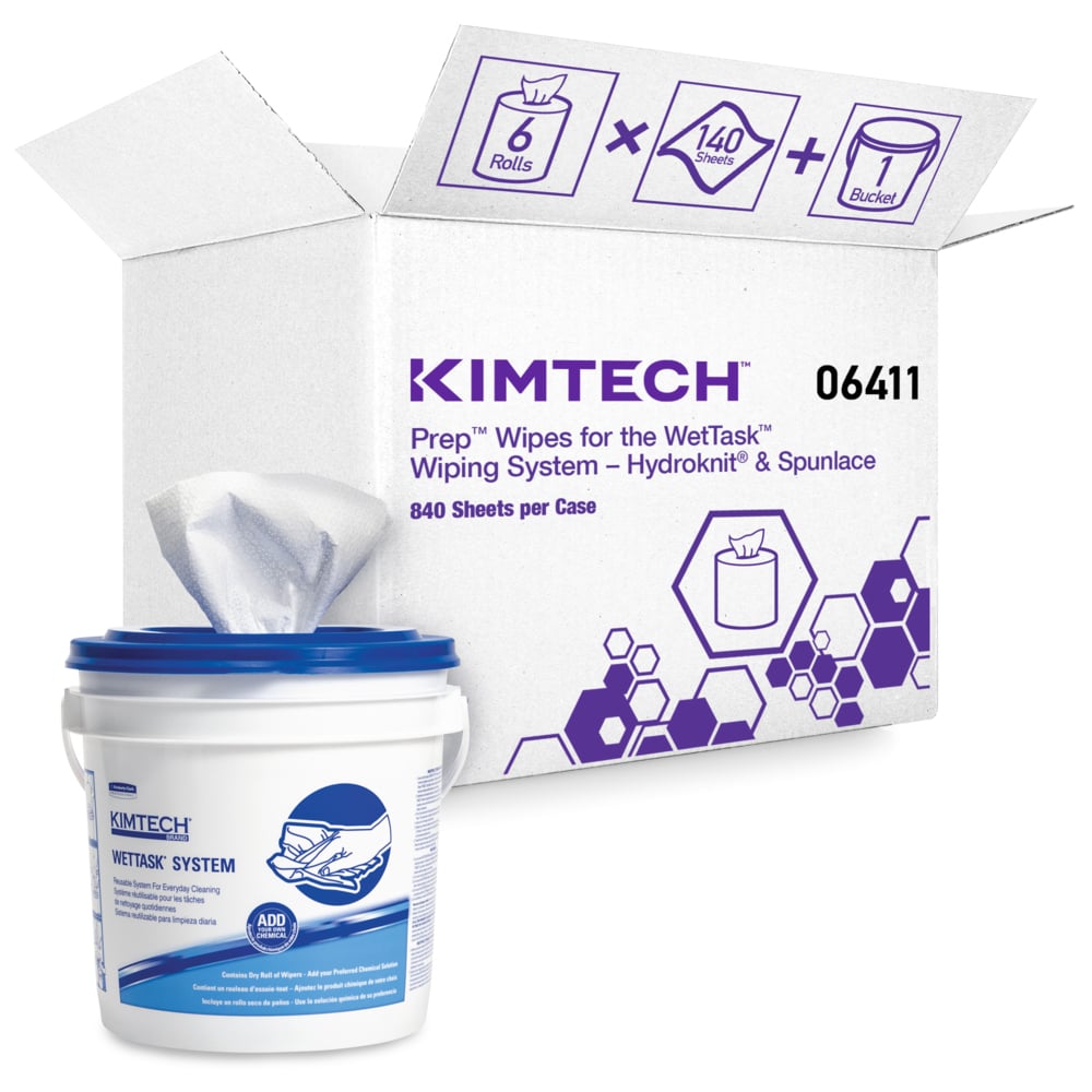 KIMTECH® WETTASK® Wipers (6411), Dry Cleaning Wipers, 6 Rolls / case, 140 White Wipers / Roll (840 Wipers Total) + 1 bucket - 06411