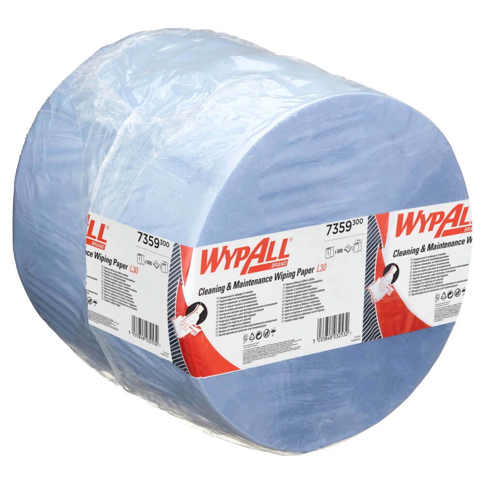 Essuyeur en papier bleu WypAll® L30 7359 pour le nettoyage et l'entretien - Maxi bobine bleue extra large et longue - 1 bobine bleue x 1 000 essuyeurs en papier bleu à 3 épaisseurs - 7359