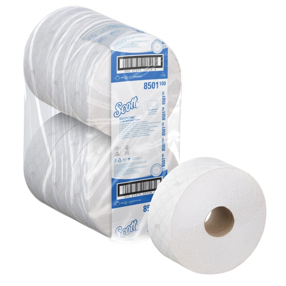 Scott® Essential™ Jumbo Toilet Roll 8501 - Jumbo Roll Toilet Tissues - 6 Rolls x 1,053 2 Ply Toilet Paper Sheets (2,400m total) - 8501