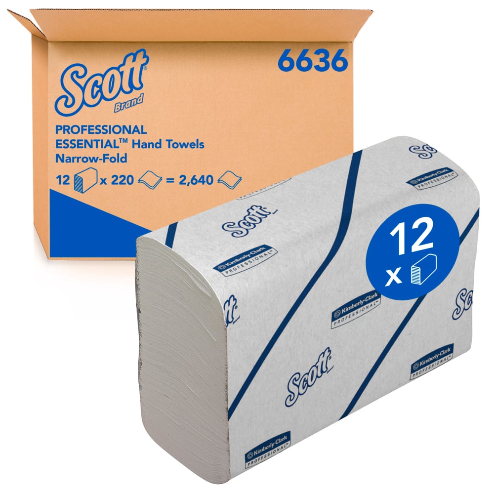 Essuie-mains Scott® Essential™ 6636 - Essuie-mains pliés fins - 12 paquets x 220 essuie-mains en papier blanc (2 640 au total) - 6636