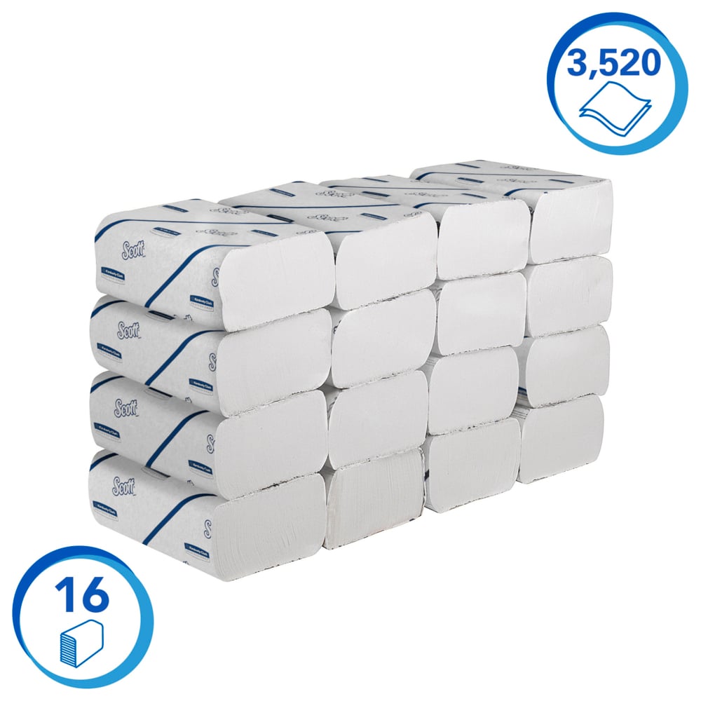 Scott® Essential™ Toallas secamanos 6609: toallas secamanos de papel plegadas, 16 paquetes x 220 unidades de papel secamanos blanco (3520 en total) - 6609