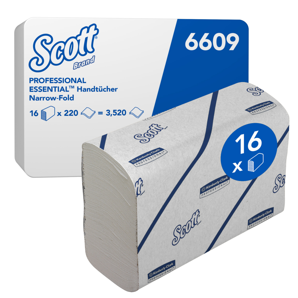 Scott® Essential™ Toallas secamanos 6609: toallas secamanos de papel plegadas, 16 paquetes x 220 unidades de papel secamanos blanco (3520 en total) - 6609