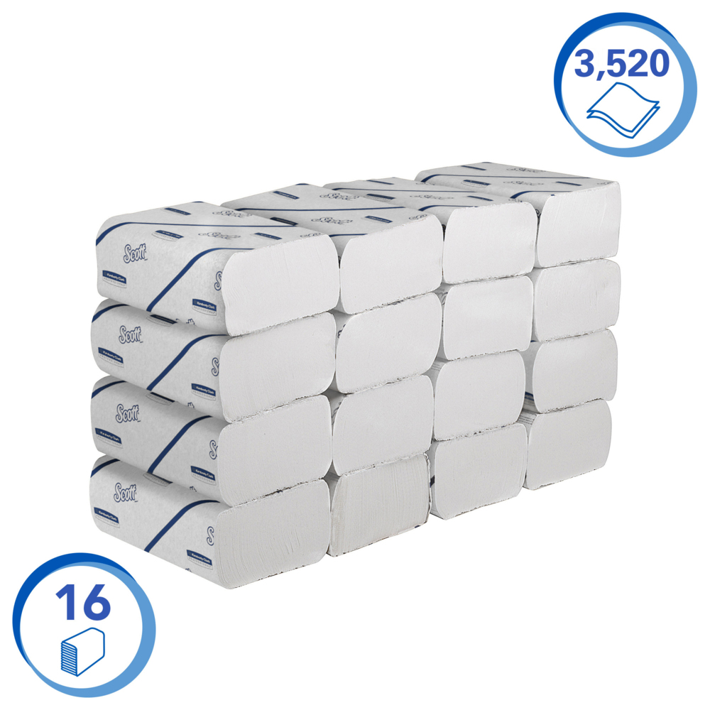 Scott® Essential™ Toallas secamanos 6609: toallas secamanos de papel plegadas, 16 paquetes x 220 unidades de papel secamanos blanco (3520 en total) - 6609