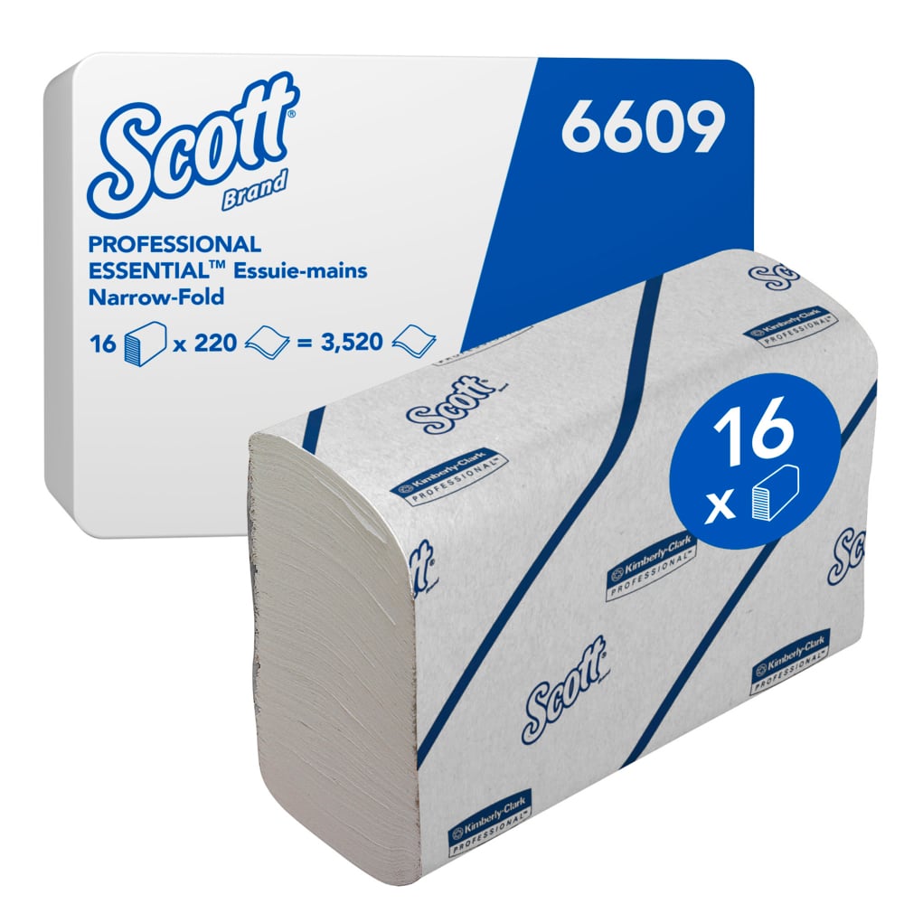 Scott® Essential™ Toallas secamanos 6609: toallas secamanos de papel plegadas, 16 paquetes x 220 unidades de papel secamanos blanco (3520 en total) - 6609