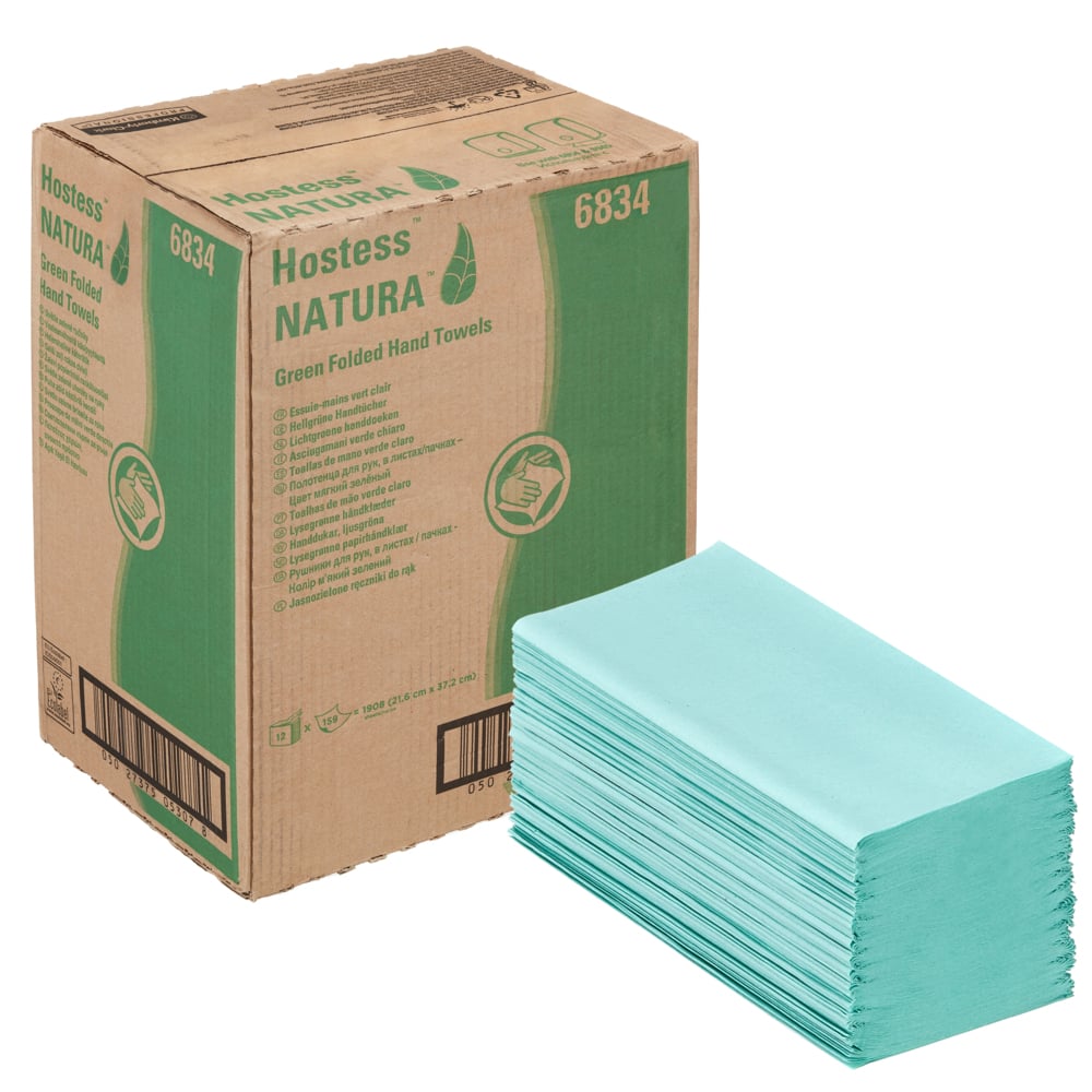 Hostess™ NATURA™ Folded Green Hand Towels 6834 - Interfold Disposable Paper Towels - 12 Packs x 159 Paper Hand Towels (1,908 Total) - 6834