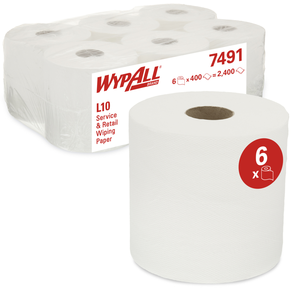 WypAll® L10 Service & Retail Wiping Paper 7491 - Centrefeed Roll for Roll Control™ Dispenser - 6 Wiper Rolls x 400 White Paper Wipers (2,400 total)