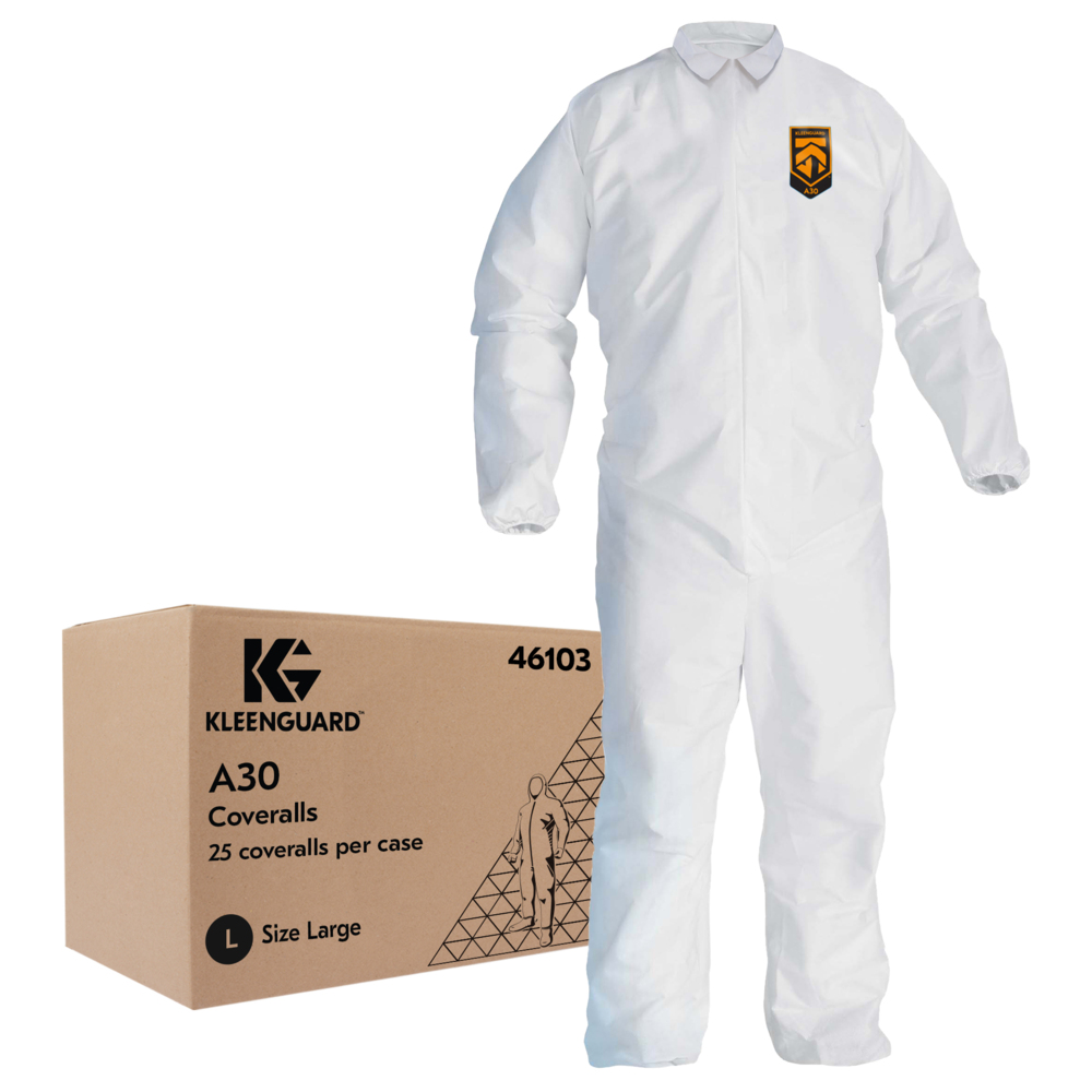 KleenGuard™ A30 Breathable Splash and Particle Protection Coveralls (46103), REFLEX Design, Zip Front, Elastic Wrists & Ankles, Large, 25 / Case - 46103