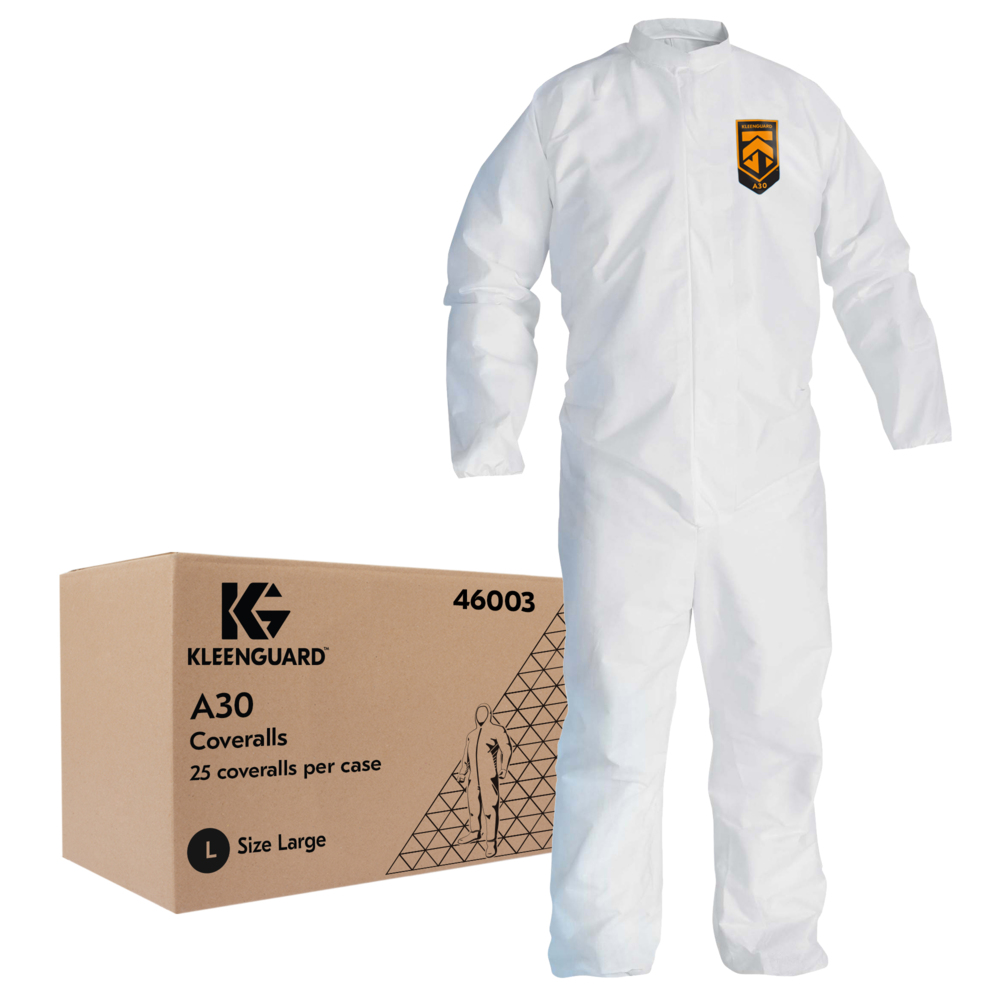 KleenGuard™ A30 Breathable Splash and Particle Protection Coveralls (46003), REFLEX Design, Zip Front, Open Wrists & Ankles, White, Large, 25 / Case - 46003