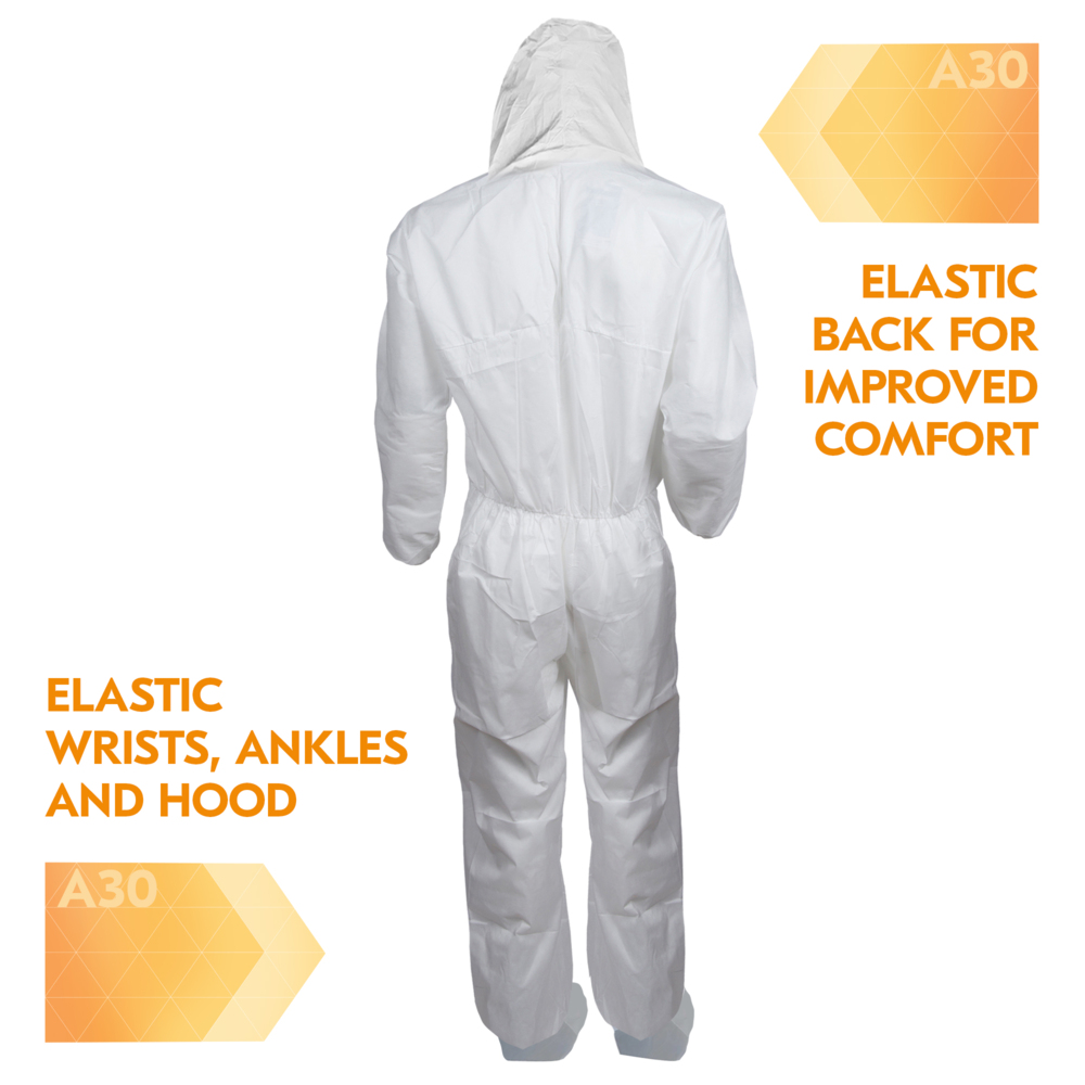 KleenGuard™ A30 Breathable Splash and Particle Protection Coveralls (48962), REFLEX Design, Hood, New Skid-Resistant Boots, Zip Front, Boots, Elastic Wrists, White, Medium, 25 / Case - 48962