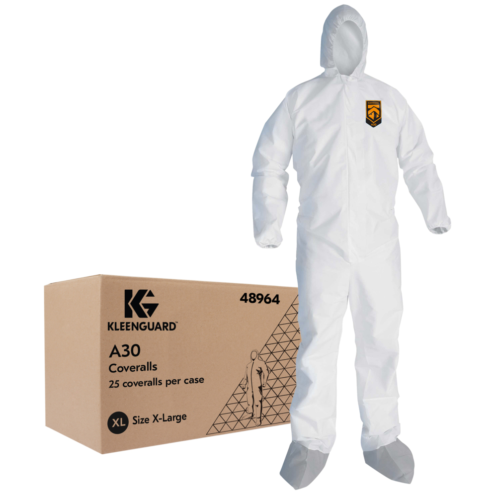 KleenGuard™ A30 Breathable Splash and Particle Protection Coveralls (48964), REFLEX Design, Hood, New Skid-Resistant Boots, Zip Front, Boots, Elastic Wrists, White, Extra-Large, 25 / Case - 48964