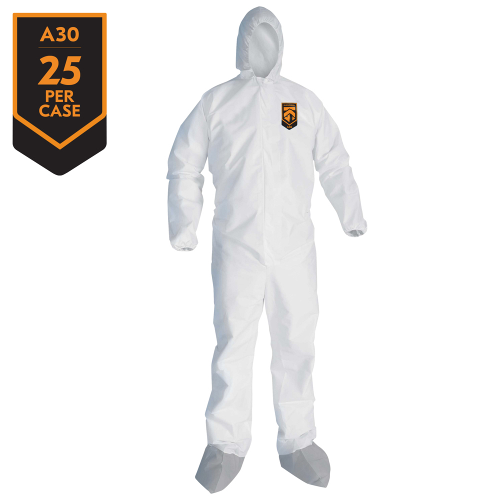 KleenGuard™ A30 Breathable Splash and Particle Protection Coveralls (48965), REFLEX Design, Hood, New Skid-Resistant Boots, Zip Front, Boots, Elastic Wrists, White, 2XL, 25 / Case - 48965