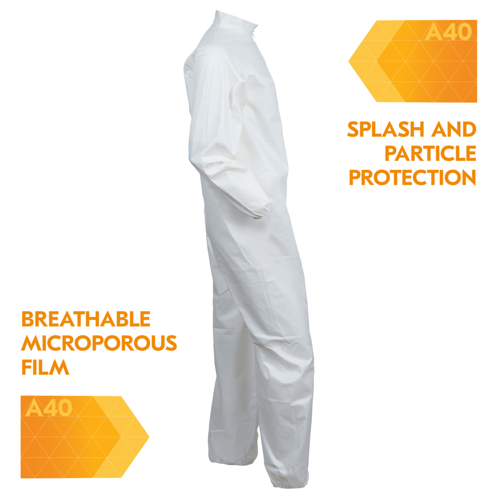 KleenGuard™A40 Liquid and Particle Protection Coveralls, REFLEX Design, Zip Front, Elastic Wrists & Ankles, White, 3X-Large, 25 Coveralls / Case - 44316
