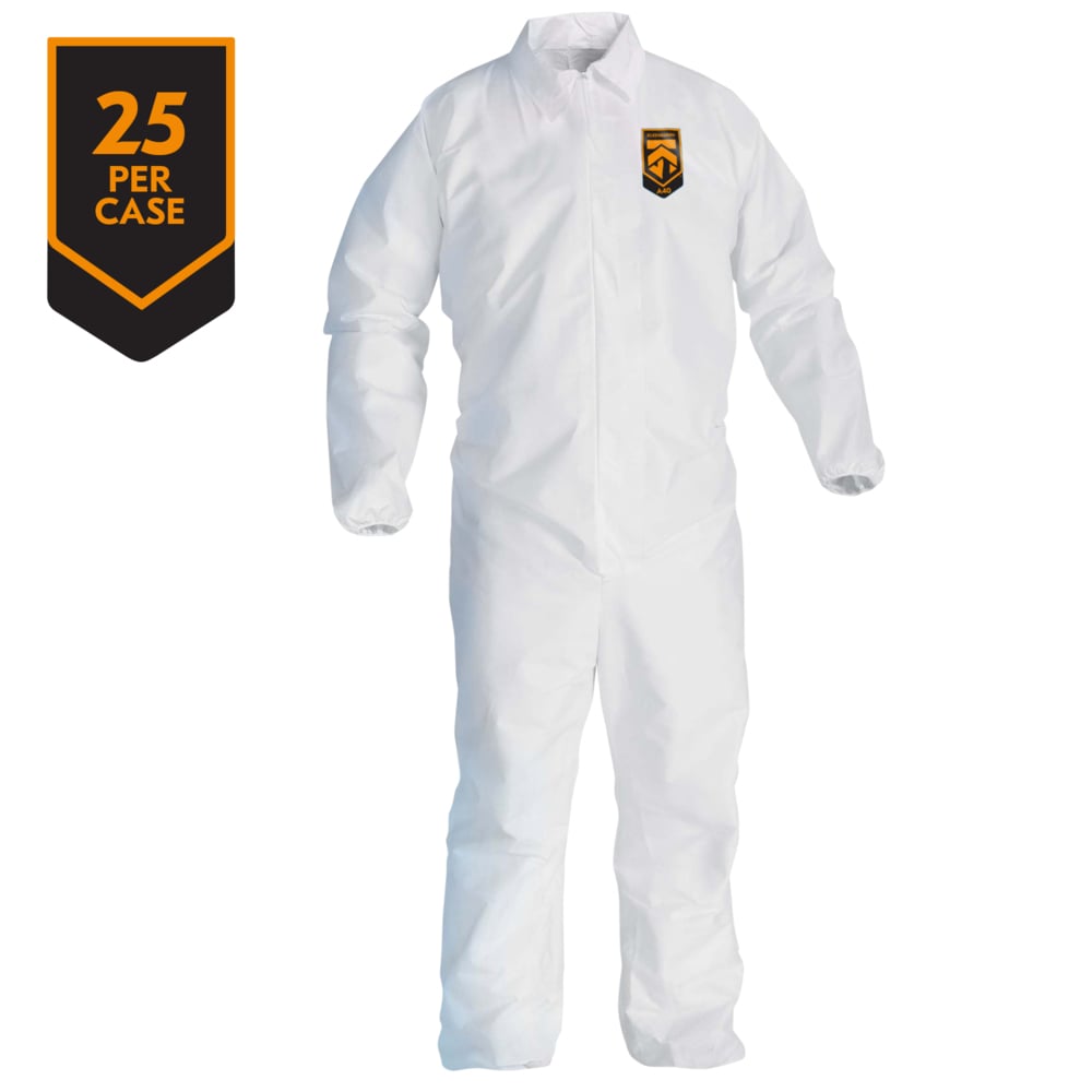 KleenGuard™A40 Liquid and Particle Protection Coveralls, REFLEX Design, Zip Front, Elastic Wrists & Ankles, White, Large, 25 Coveralls / Case - 44313