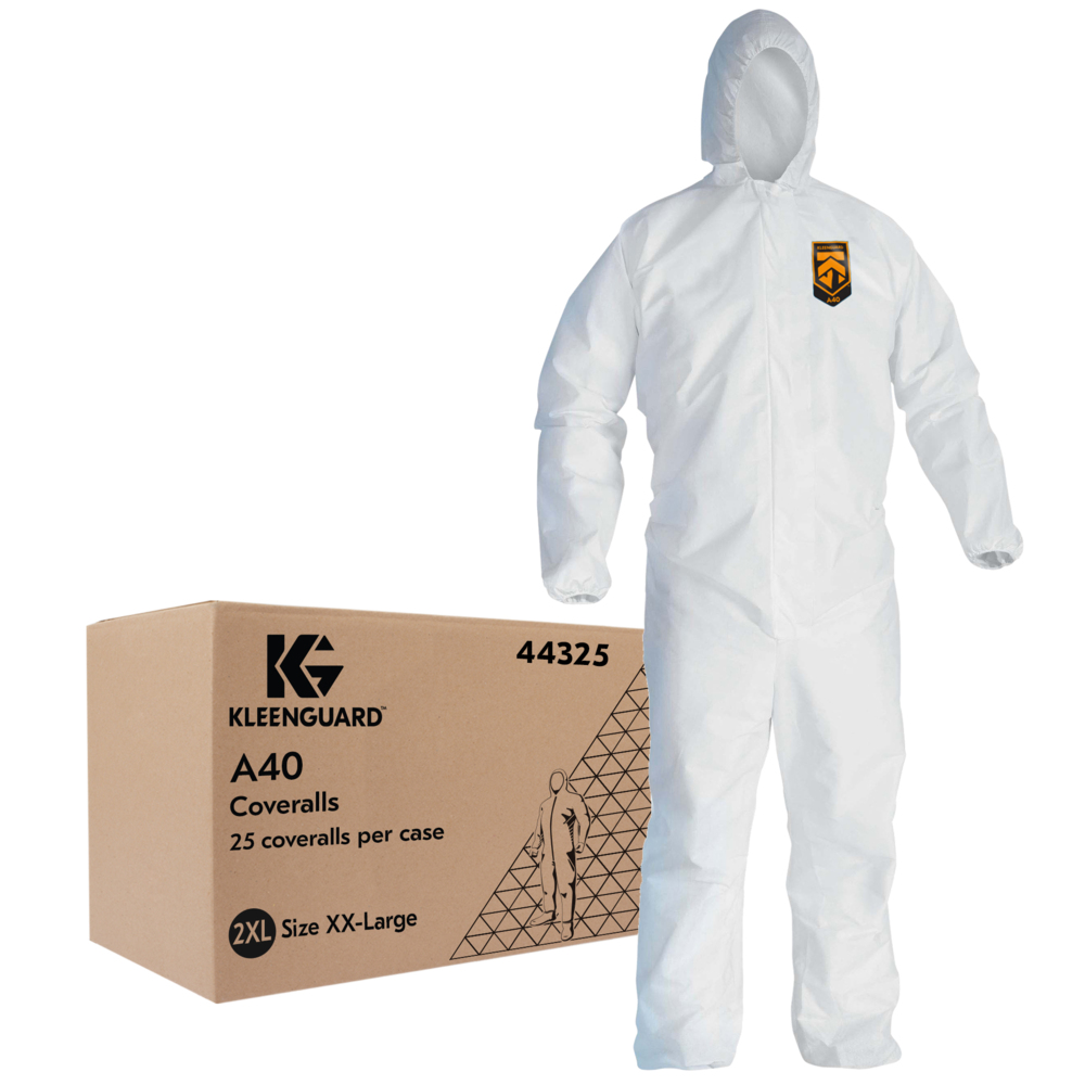 KleenGuard™A40 Liquid and Particle Protection Coveralls, REFLEX Design, Zip Front, Elastic Wrists & Ankles, Hood, White, 2X-Large, 25 Coveralls / Case - 44325
