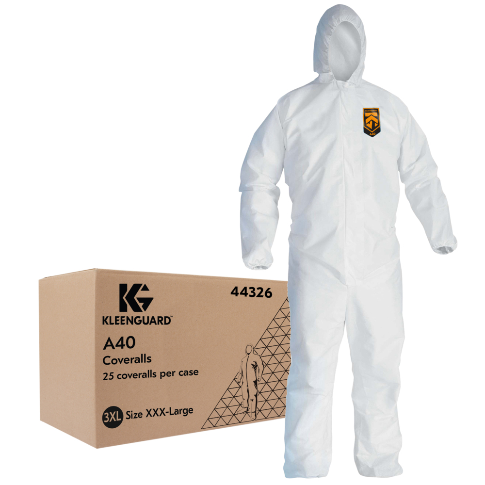 KleenGuard™A40 Liquid and Particle Protection Coveralls, REFLEX Design, Zip Front, Elastic Wrists & Ankles, Hood, White, 3X-Large, 25 Coveralls / Case - 44326