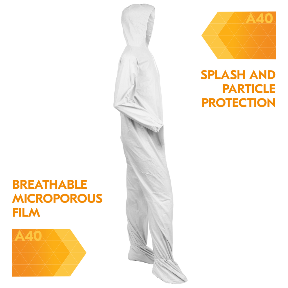 KleenGuard™A40 Liquid and Particle Protection Coveralls, REFLEX Design, Zip Front, Elastic Wrists & Ankles, Hood & Boot, White, Large, 25 Coveralls / Case - 44333