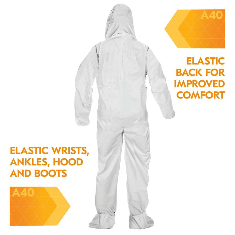 KleenGuard™A40 Liquid and Particle Protection Coveralls, REFLEX Design, Zip Front, Elastic Wrists & Ankles, Hood & Boot, White, 4X-Large, 25 Coveralls / Case - 44337