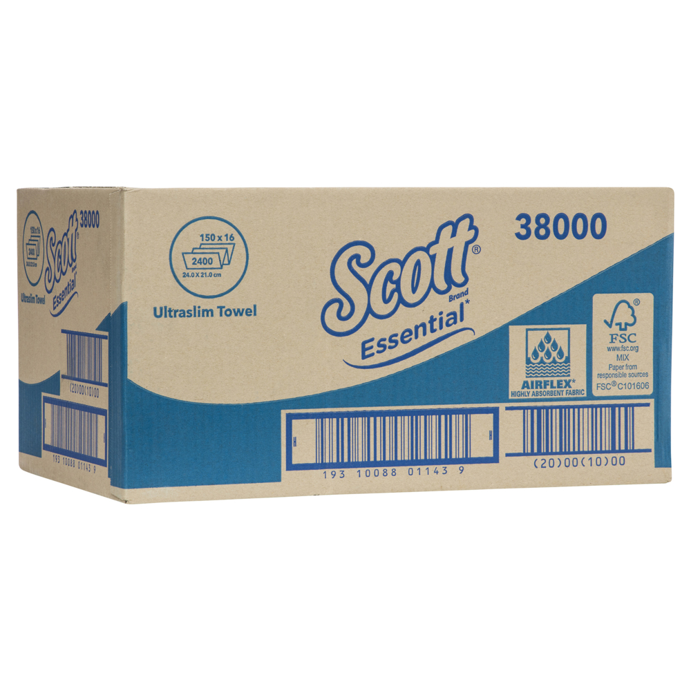 SCOTT® ESSENTIAL® Ultraslim Towels (38000) Multifold Hand Towels, White, 16 Packs / Case, 150 Hand Towels / Pack (2400 Hand Towels) - S055156134