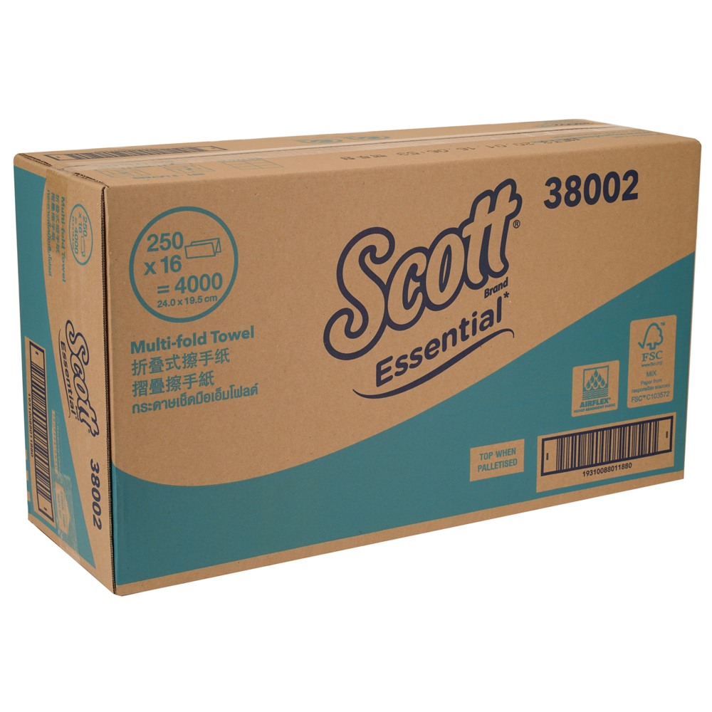 Scott® Essential Multifold Paper Towels (38002), White 1-Ply, 16 Packs / Case, 250 Sheets / Pack (4,000 Sheets) - S055170753