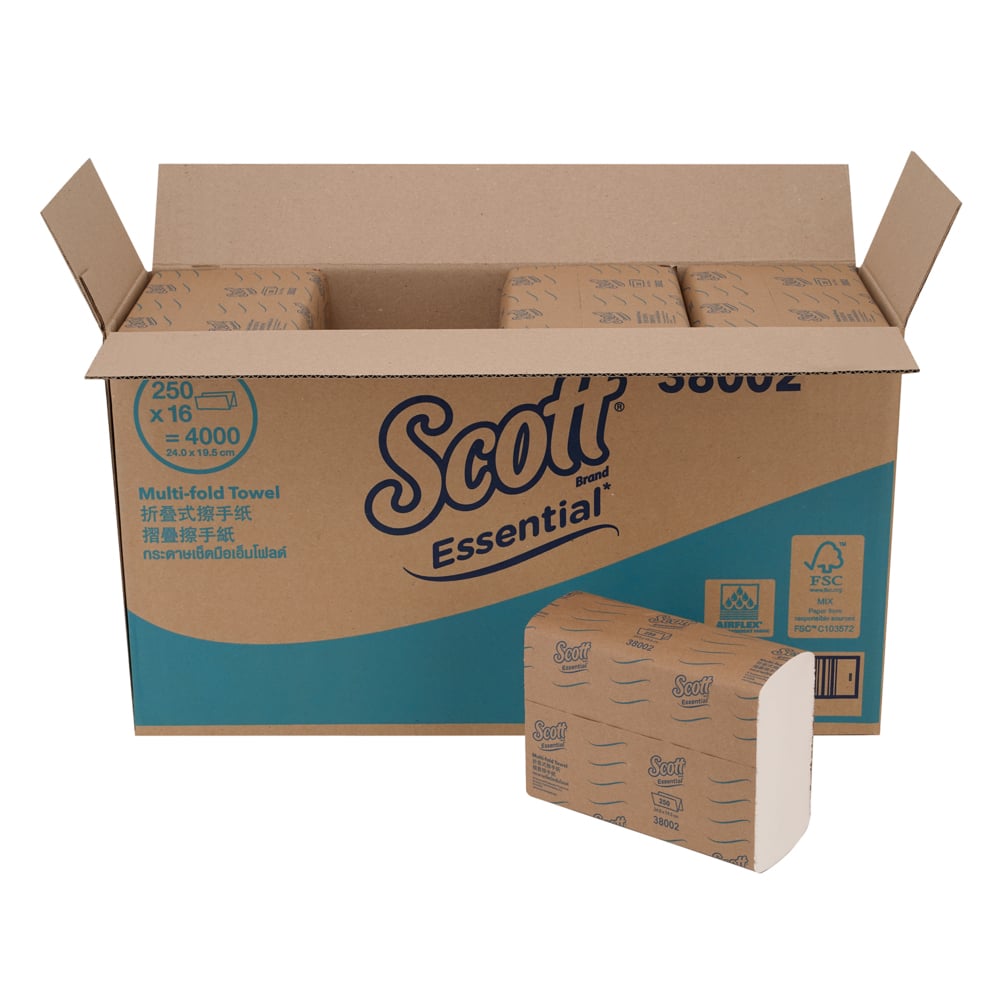 Scott® Essential Multifold Paper Towels (38002), White 1-Ply, 16 Packs / Case, 250 Sheets / Pack (4,000 Sheets) - 38002