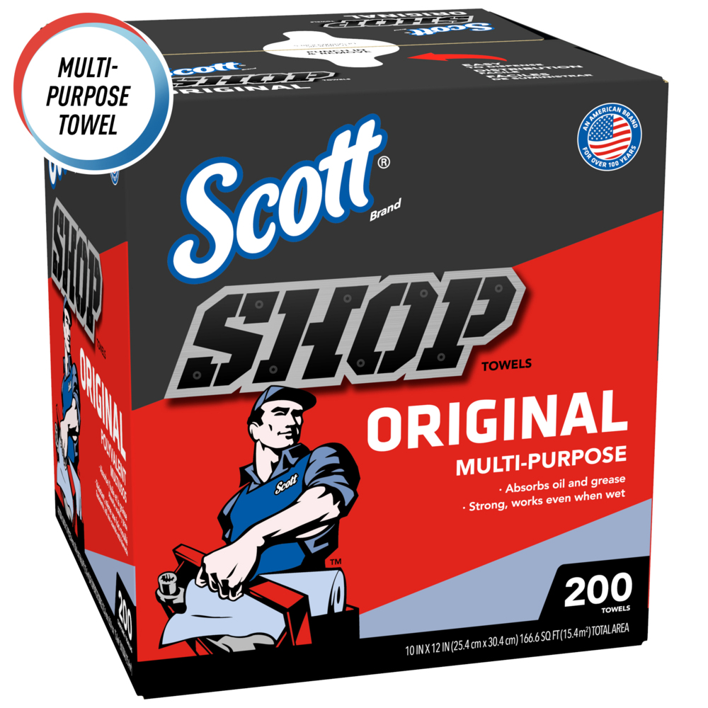 Scott® Shop Towels Original (75190), Blue, Pop-Up Dispenser Box, 200 Towels/Box, 8 Boxes/Case, 1,600 Towels/Case - 75190