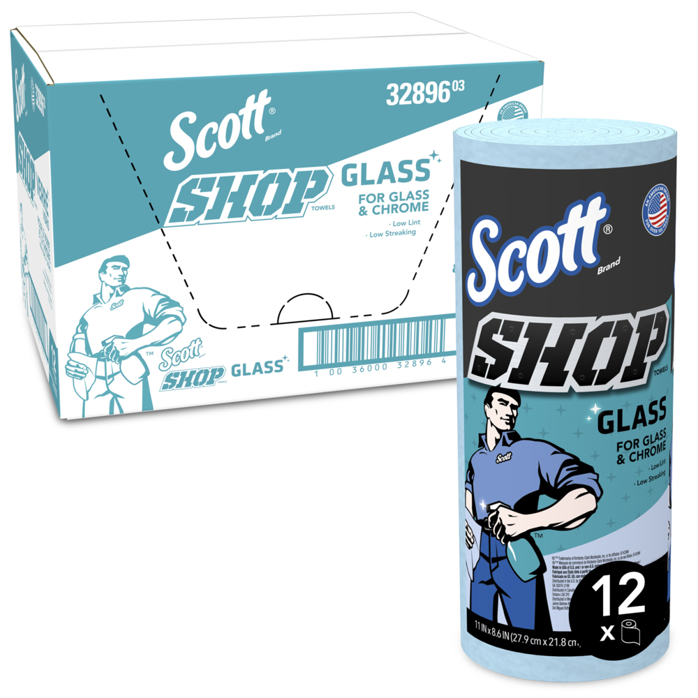 Chiffons d’atelier pour le verre de Scott (32896), chiffons d’atelier bleus pour le verre, miroirs et chrome, chiffons perforés/rouleau, 12 rouleaux, 1 080 chiffons/caisse - 32896