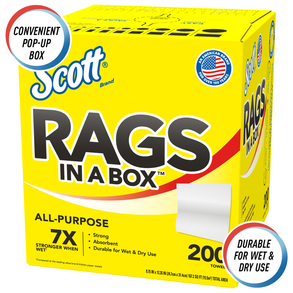 Scott® Rags In A Box™ (75260), White, 200 Shop Towels/Box, 8 Boxes/Case, 1,600 Towels/Case - 75260