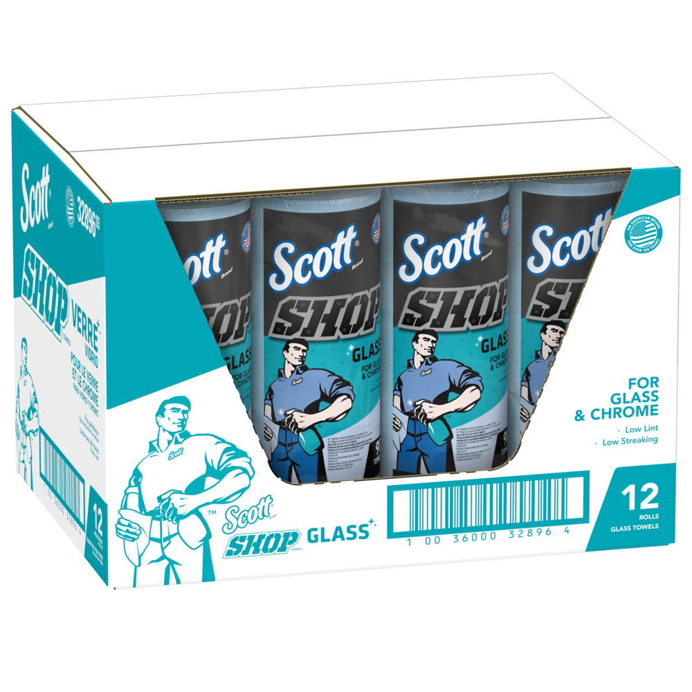 Chiffons d’atelier pour le verre de Scott (32896), chiffons d’atelier bleus pour le verre, miroirs et chrome, chiffons perforés/rouleau, 12 rouleaux, 1 080 chiffons/caisse - 32896