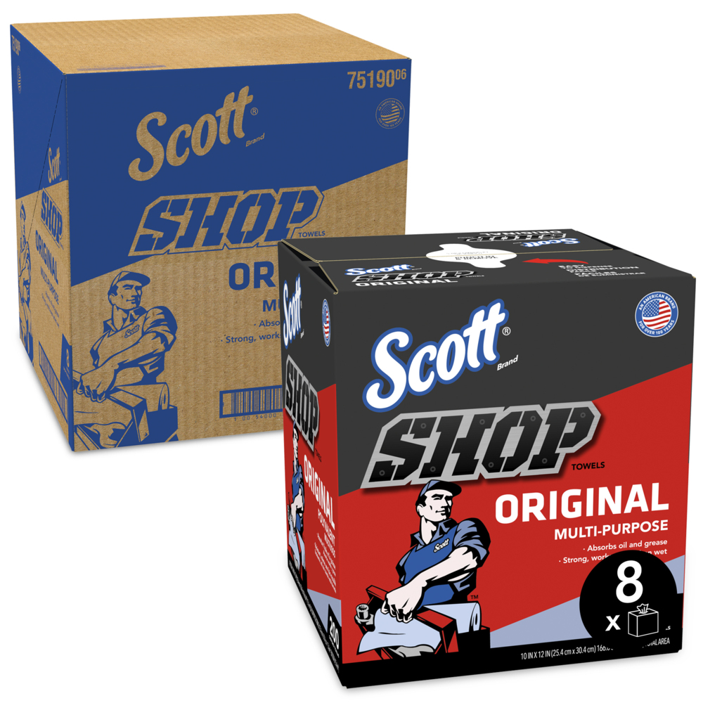 Scott® Shop Towels Original (75190), Blue, Pop-Up Dispenser Box, 200 Towels/Box, 8 Boxes/Case, 1,600 Towels/Case - 75190