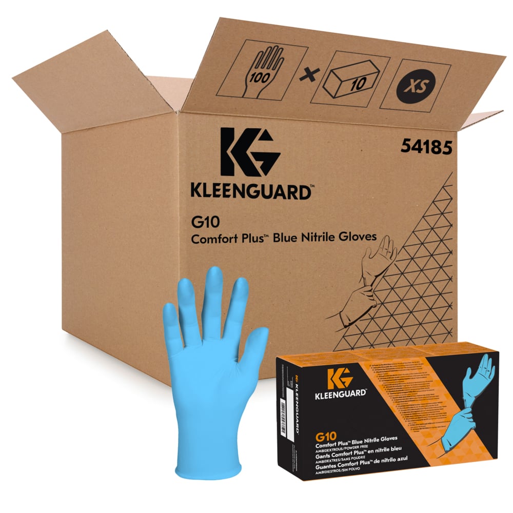 KleenGuard® G10 Comfort Plus™ Blue Nitrile Gloves 54185 - Disposable Gloves - 10 Boxes x 100 Blue, XS, PPE Gloves (1,000 Total) - 54185