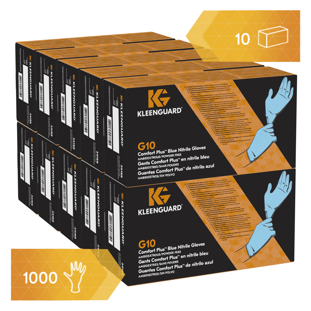 Синие нитриловые перчатки KleenGuard® G10 Comfort Plus™, код 54188 — одноразовые перчатки, 10 упаковок x 100 синих перчаток СИЗ, размер L (итого 1000 шт.) - 54188