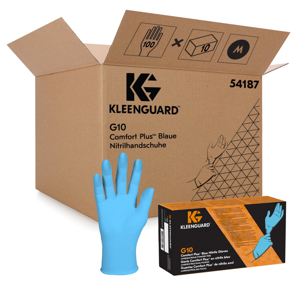 Синие нитриловые перчатки KleenGuard® G10 Comfort Plus™, код 54187 — одноразовые перчатки, 10 упаковок x 100 синих перчаток СИЗ, размер M (итого 1000 шт.) - 54187