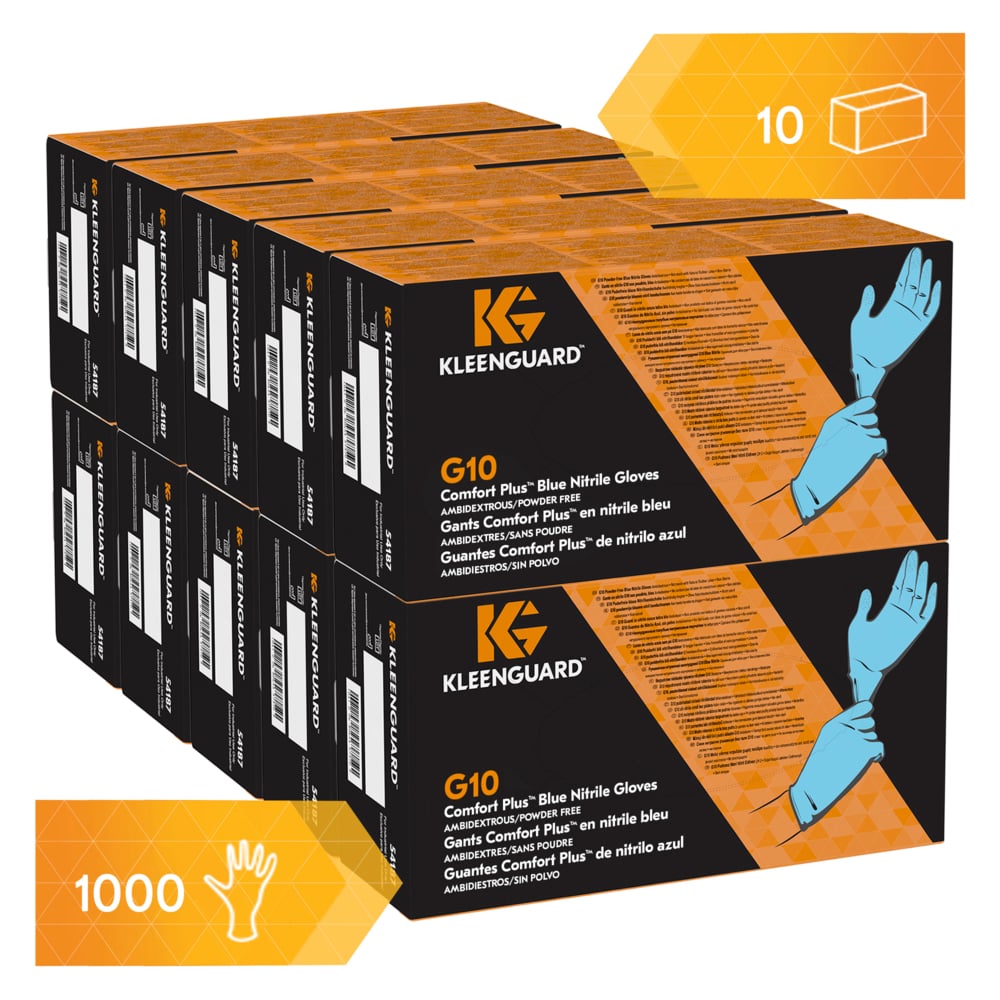 Синие нитриловые перчатки KleenGuard® G10 Comfort Plus™, код 54187 — одноразовые перчатки, 10 упаковок x 100 синих перчаток СИЗ, размер M (итого 1000 шт.) - 54187
