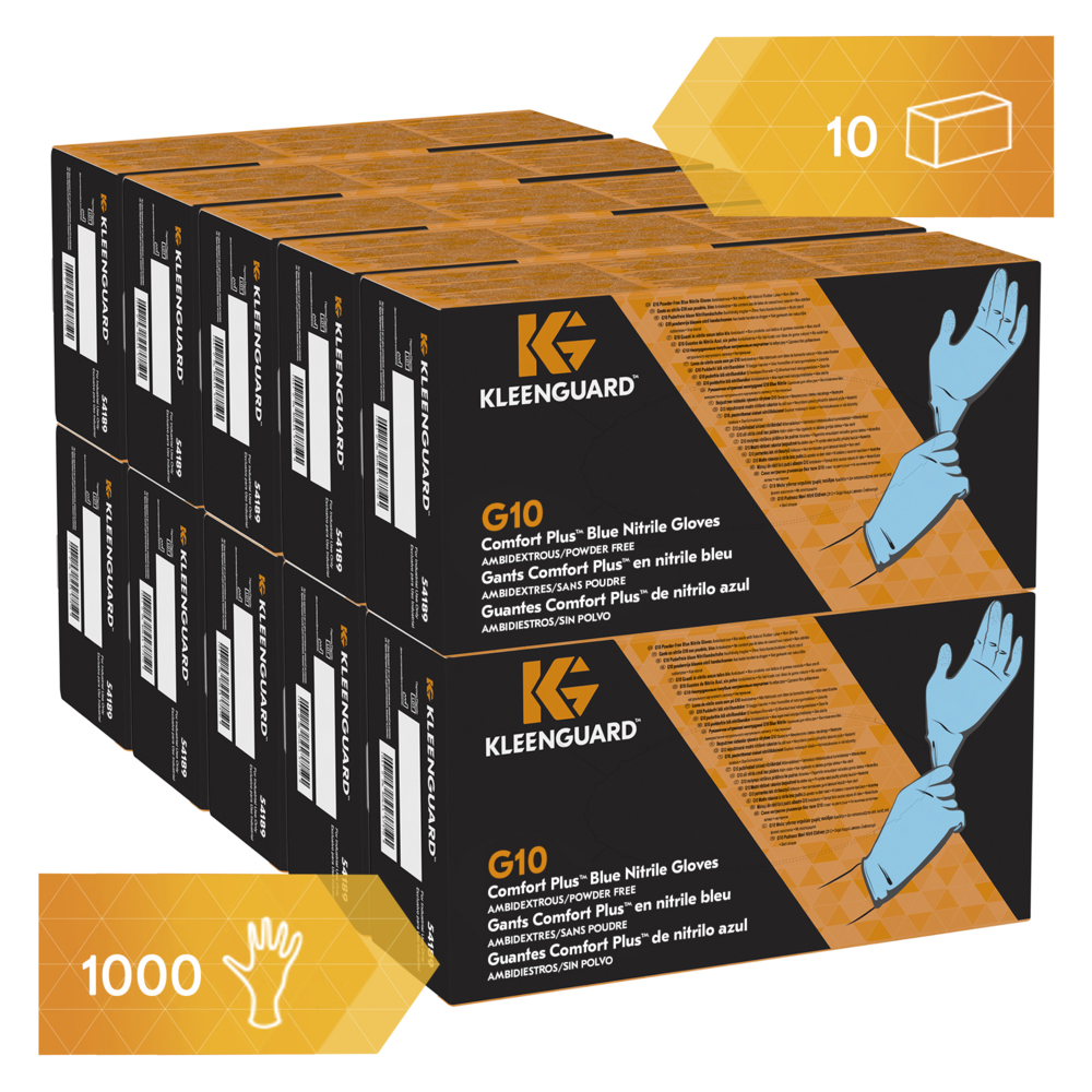 Синие нитриловые перчатки KleenGuard® G10 Comfort Plus™, код 54189 — одноразовые перчатки, 10 упаковок x 100 синих перчаток СИЗ, размер XL (итого 1000 шт.) - 54189