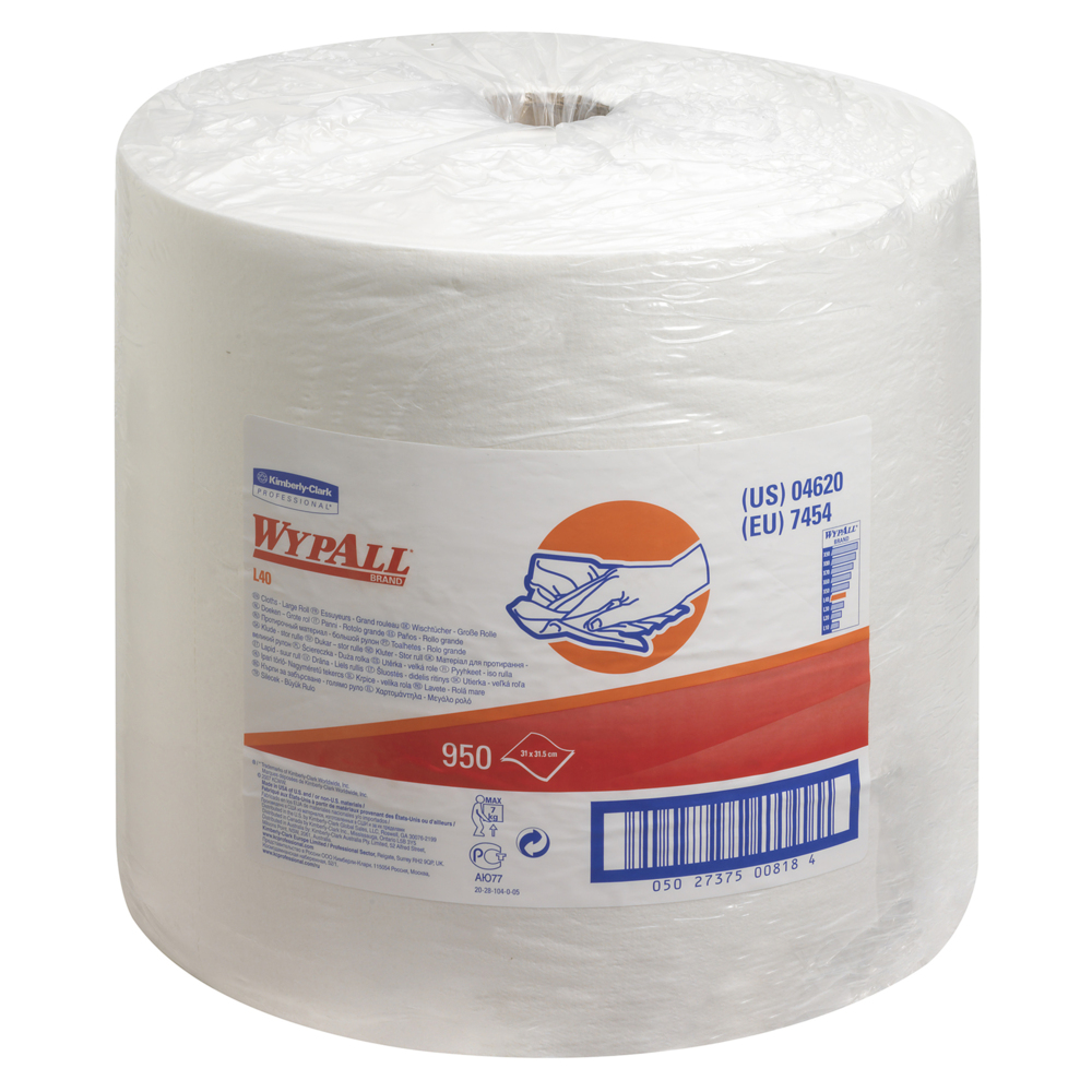 WypAll® L40 Wischtücher auf der Großrolle 7454 - 1 Rolle mit 950 weißen, 1-lagigen Tüchern - 7454